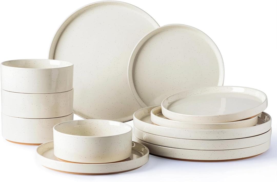 AmorArc Ceramic Dinnerware Set for 4 | Speckled Stoneware Plates and Bowls with unglazed terracotta | Scratch Resistant, Dishwasher & Microwave Safe Dishes Sets- 12-Pcs Beige (Service for 4, Modern-Beige)