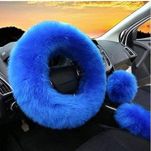Yontree Fashion Fluffy Steering Wheel Covers for Women/Girls/Ladies Australia Pure Wool 15 Inch 1 Set 3 Pcs (Blue) (Long Hair)