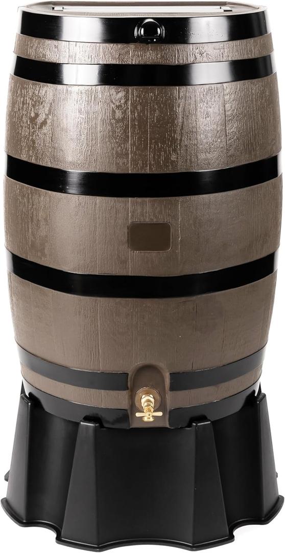 RTS Home Accents 50-Gallon Rain Barrel, Flat Back Rain Water Collection Barrel, Stand Included, Woodgrain with Black Stripes