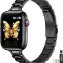 WFEAGL Thin Metal Bands Compatible with Apple Watch Band 46mm 45mm 44mm 49mm 42mm (Series 3 2 1) for Women, Slim Stainless Steel Wristbands for iWatch Ultra SE Series 11 10 9 8 7 6 5 4 (Black)