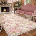 Lahome Floral Washable Rugs 9x12, Large Area Rugs 9x12 Living Room, Soft Non-Slip Thin Vintage Boho Bedroom Carpet for Dining Room Playroom Nursery Farmhouse, Nina Beige/Pink/Multi