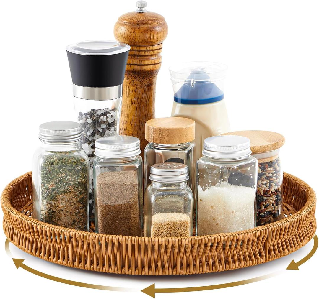 12 Inch Lazy Susan Organizer, Rattan Round Turntable, Lazy Susan for Table Top, Wicker Tray Hand Woven, Wicker Plate Rotating Spice Rack for Kitchen Cabinet Countertop Storage Essential