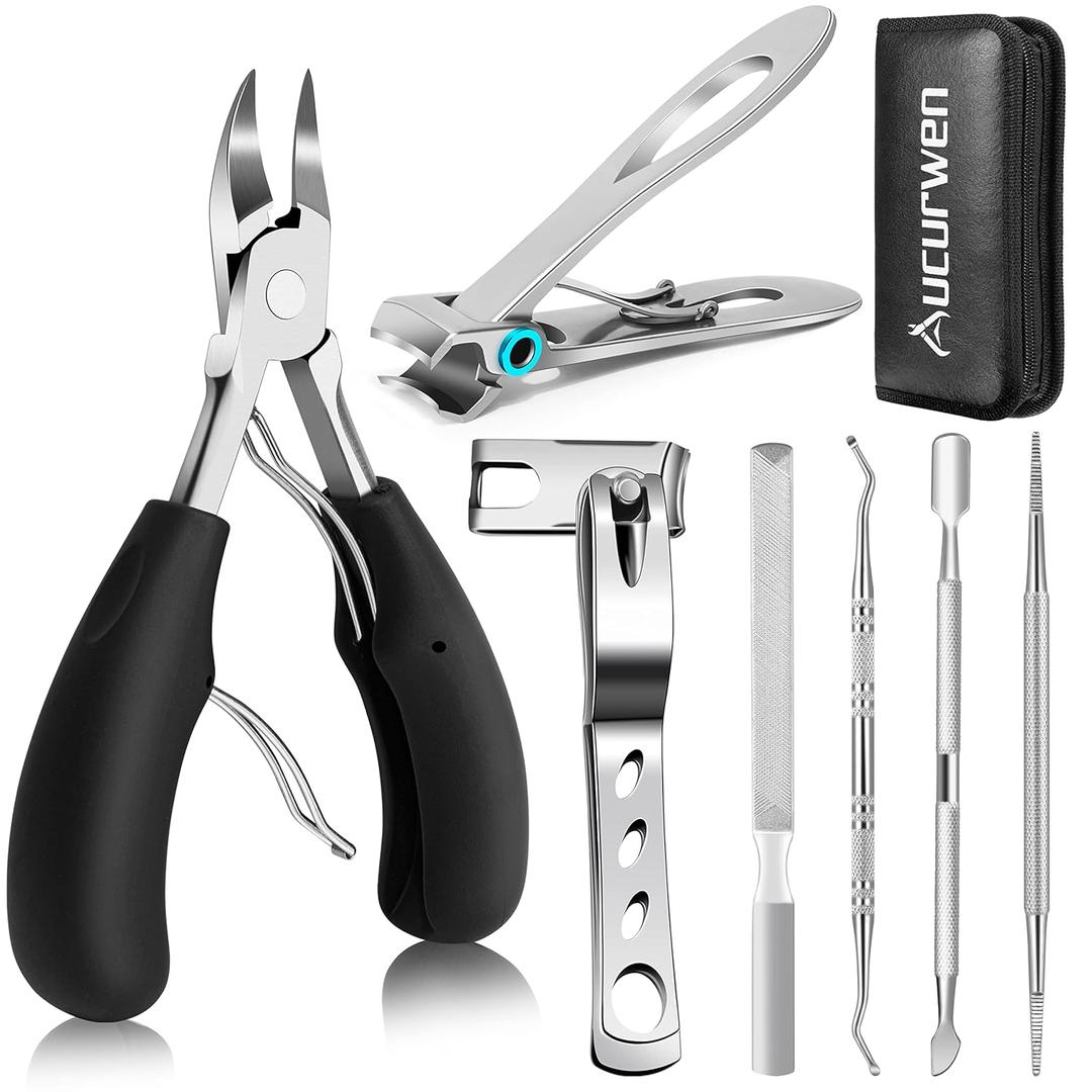 Toenail Clippers for Seniors Thick Toenails, Aucurwen Heavy Duty Toe Nail Clippers Adult Thick Nails Long Handle, Large Toenail Clippers for Thick Nails 7Pcs (Black)