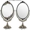 JUXYES Metal Tabletop Antique Decorative Makeup Mirror with Stand, Vintage Swivel Double Sided Cosmetic Mirror with Frame, Retro Desktop Oval Dressing Mirror for Bathroom Bedroom