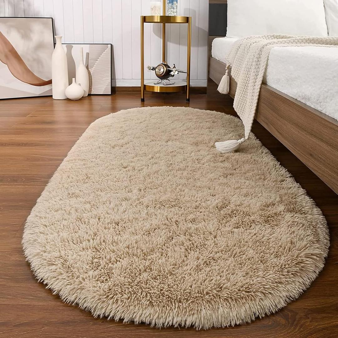 Softlife Fluffy Rugs for Bedroom, Shag Cute Area Rug for Girls and Kids Baby Room Home Decor Fall Decor, 2.6 x 5.3 Feet Oval Indoor Carpet for Nursery Dorm Living Room, Camel