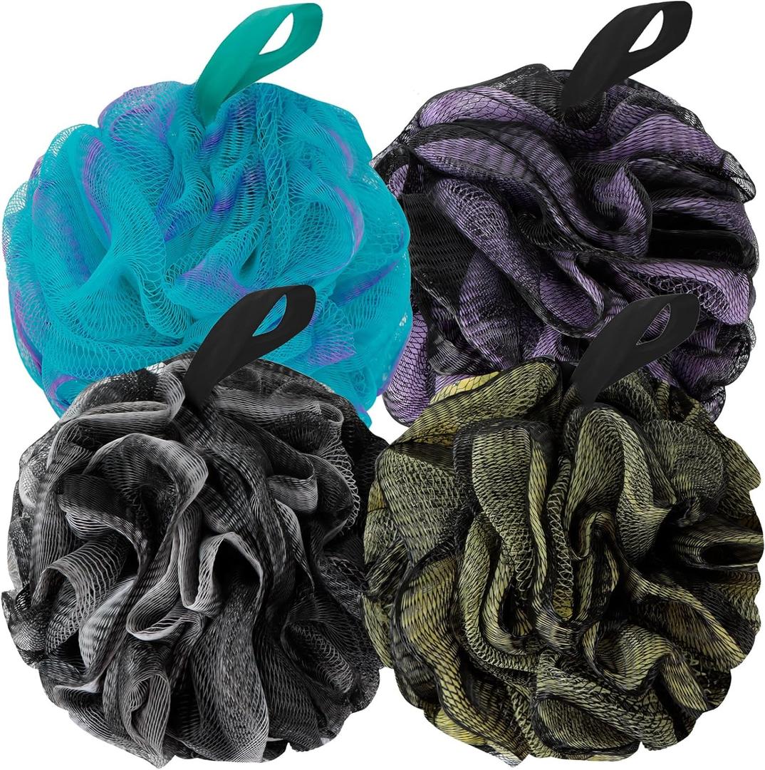 BCKENEY Bath Loofah Shower Sponge Body Back Scrubber Soft Mesh Shower Puffs Exfoliating Loofa for Women & Men Bath Accessories Cleaning Tool (Pack of 4 60G Loofah, Dark Elf)
