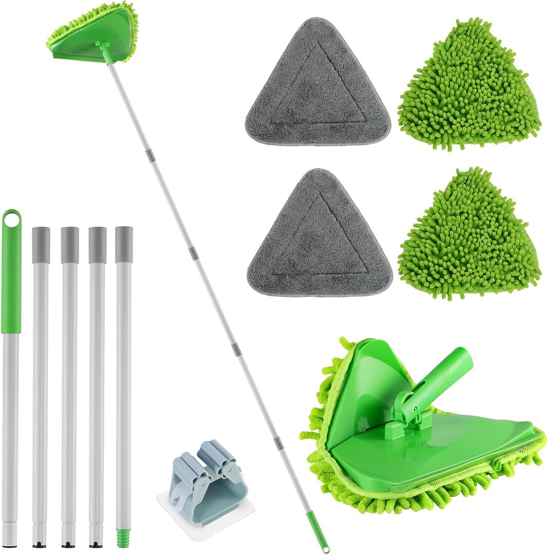 Wall Cleaner Triangle Mop with 82'' Long Handle - Wall Scrubber, Cleaning Washer Tool with 4 Microfiber Chenille Duster Pads for Clean Walls, Ceiling, Windows, Baseboards, Floors (Green)