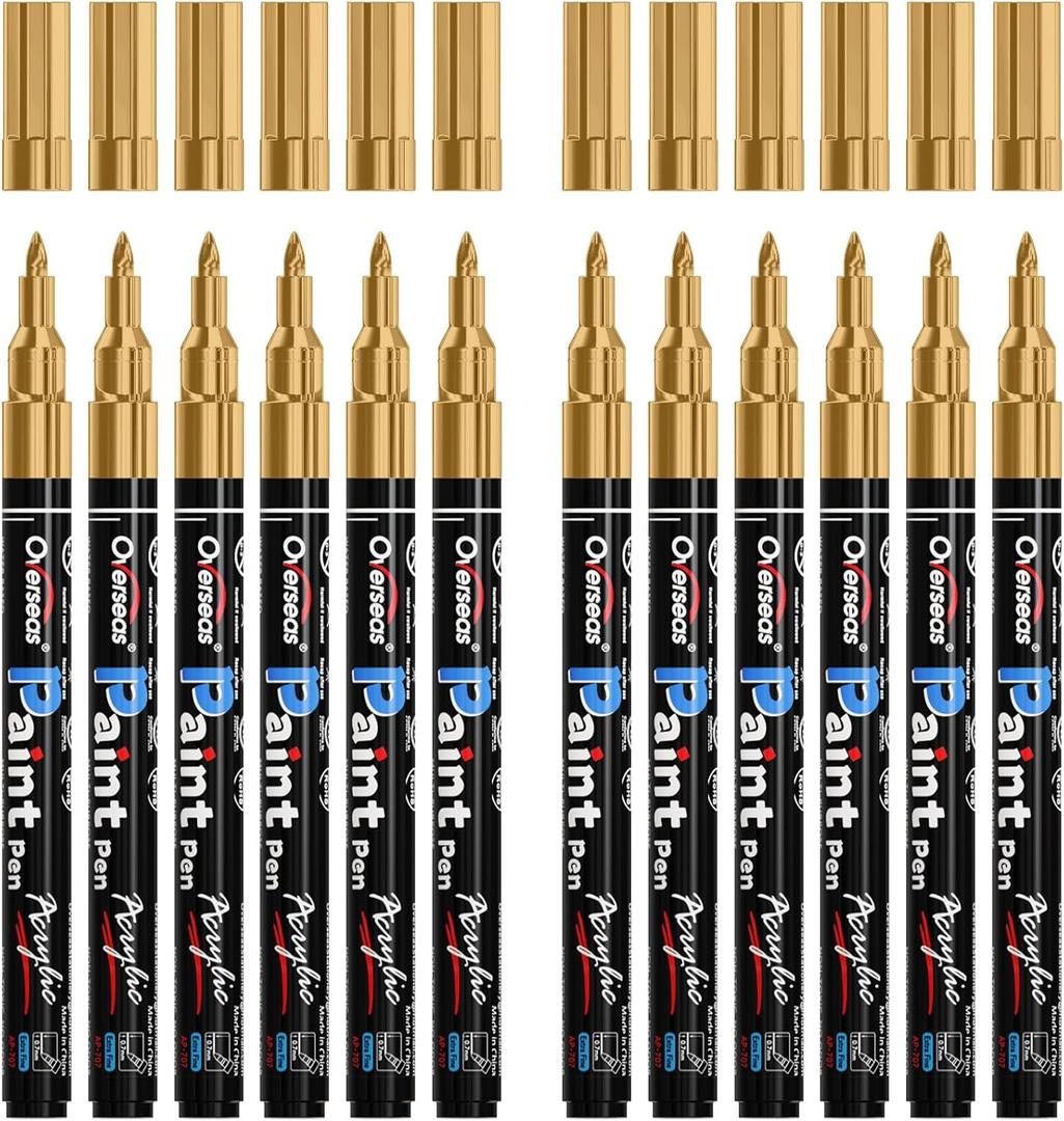 Overseas Paint Markers Pens - Gold Permanent Markers Acrylic Paint Pens 12 Pack, Water Based, Waterproof, 0.7mm Extra Fine Tip Acrylic Marker for Wood, Metal, Rock, Plastic, Glass, Canvas, Fabric
