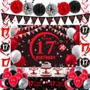 17th Birthday Decorations for Boys Girls Red and Black, Happy 17th Birthday Backdrop Banner, 17 Birthday Party Decoration Tablecloth Balloons Triangle Flag, 17 Year Old Boy Bday Party Supplies