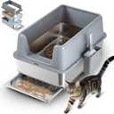 23.6''x15.6''x12'' Stainless Steel Sifting Litter Box with Sifter, Pine Pellet Litter Box with Lid for Big Cats, Built-in Sifter, No Waste Bag Needed, Easy to Clean & Durable (Grey)