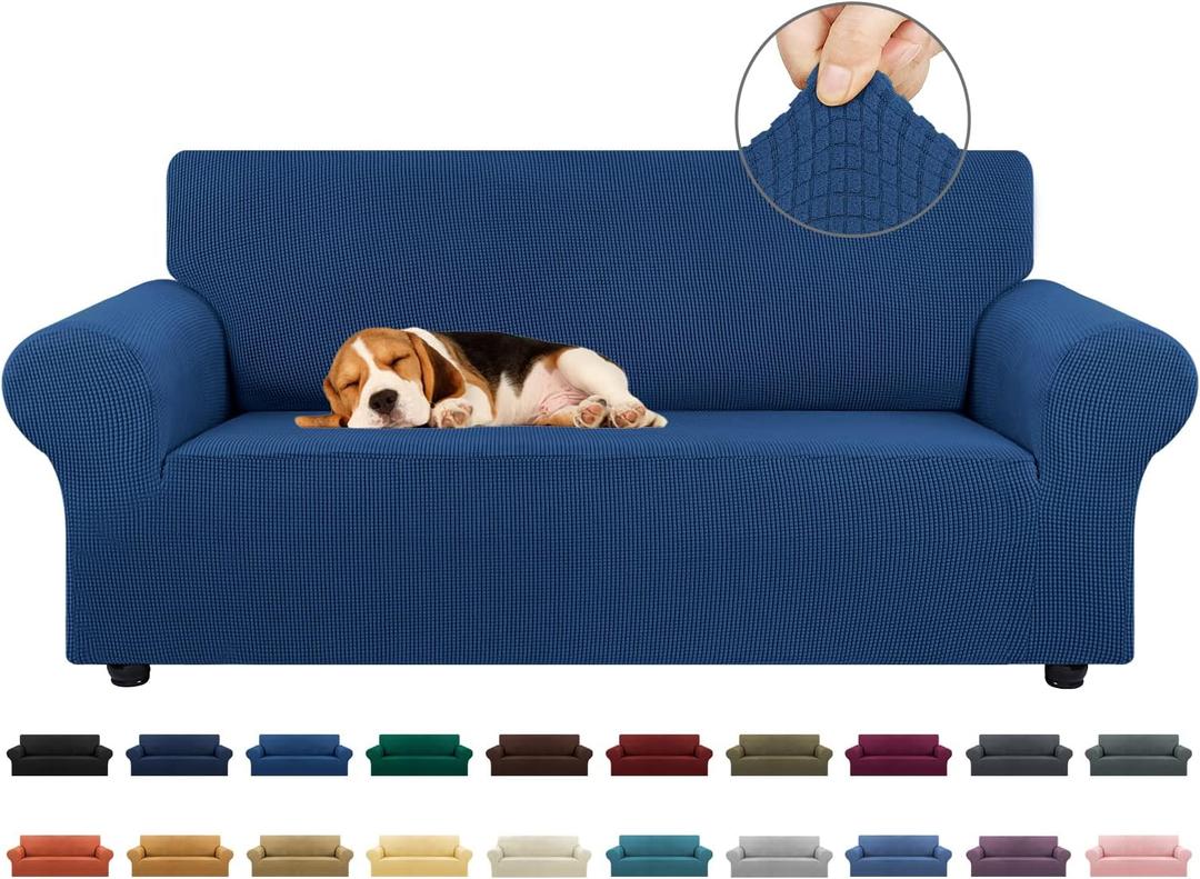 KEKUOU Stretch Loveseat Sofa Cover Slipcover,Couch Covers for 2 Cushion Couch Sofa (55"-78") Furniture Protector Sofa with Elastic Bottom for Kids,Dog. Jacquard Small Checked (Medium,Classic Blue)