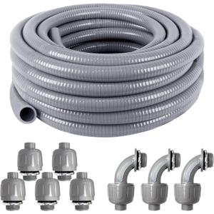 Liquid-Tight Conduit and Connector Kit 1/2 Inch 25 Ft,Flexible Non Metallic Liquid Tight Electrical Conduit UL Certification,Electrical Conduit Kit with 5 Straight,3 Angle Fittings