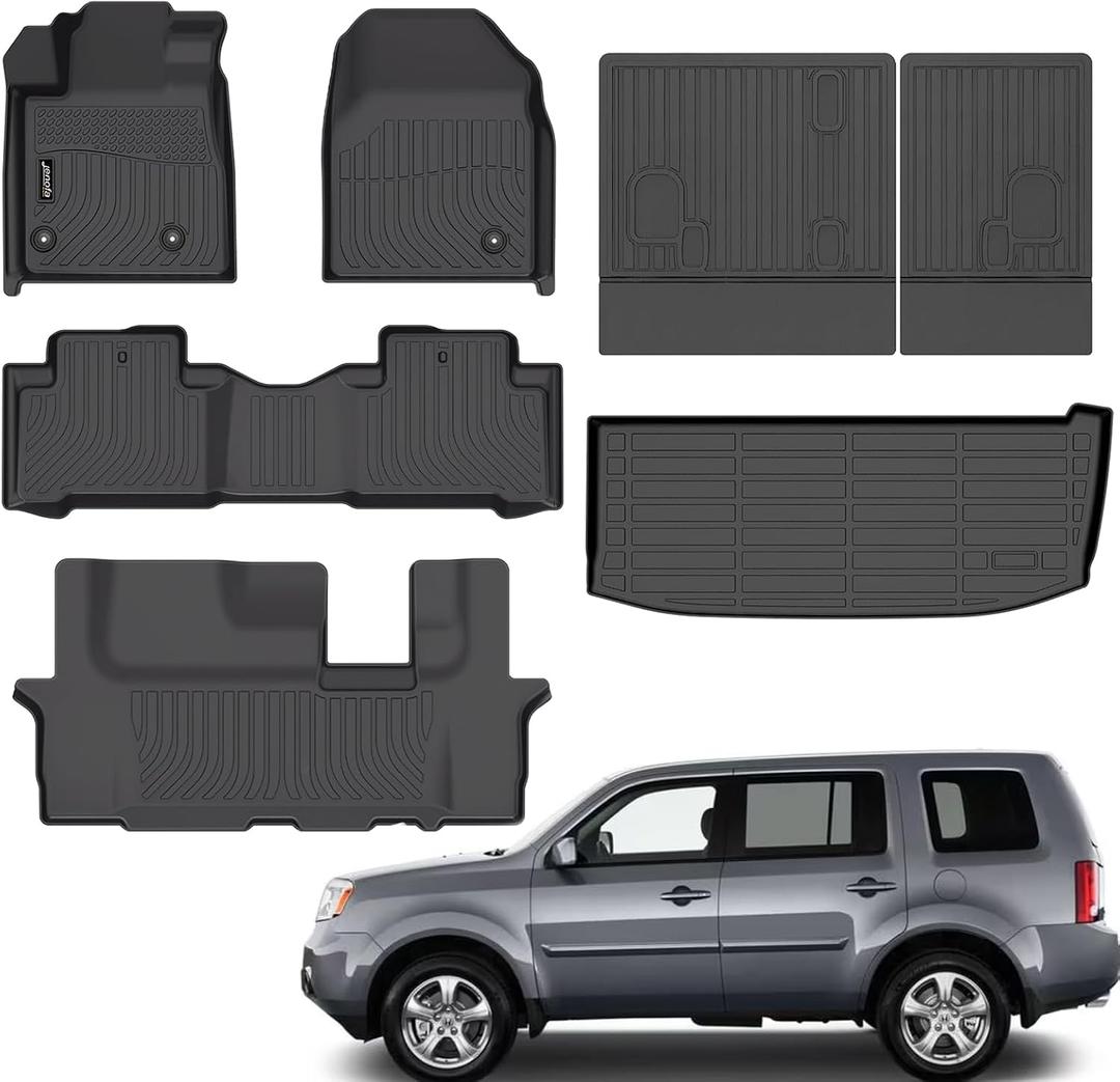 Jenofa-Car Floor Mats for 2009-2015 Honda Pilot Full Set Waterproof Car Mat All Weather Automotive Floor Liners Custom for Pilot Accessories Black(Floor Mat & 3rd Backrest Mat & Cargo Mat)