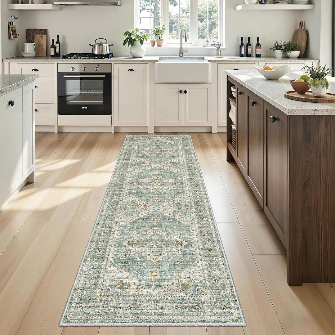 Runner Rug 2'x6' Washable Vintage Area Rugs for Hallway Non Slip Laundry Rug Runner Boho Floor Carpet Runners for Entryway Laundry Room Kitchen Bathroom (2'x6',Green)