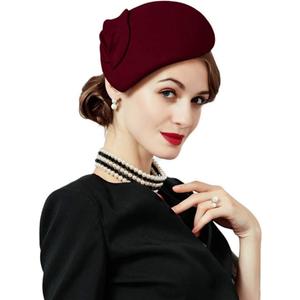 Vintage Women's Fascinators Wool Felt Pillbox Hat Ladies Hats for Church Derby Party Wedding Teardrop Hat Flower Fedoras (Wine Red)