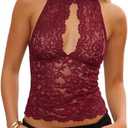Women Lace Tank Tops Y2K Halter Neck Keyhole Top Sheer Mesh Cutout Crop Camisole Floral Lace Summer Going Out (Red, S)