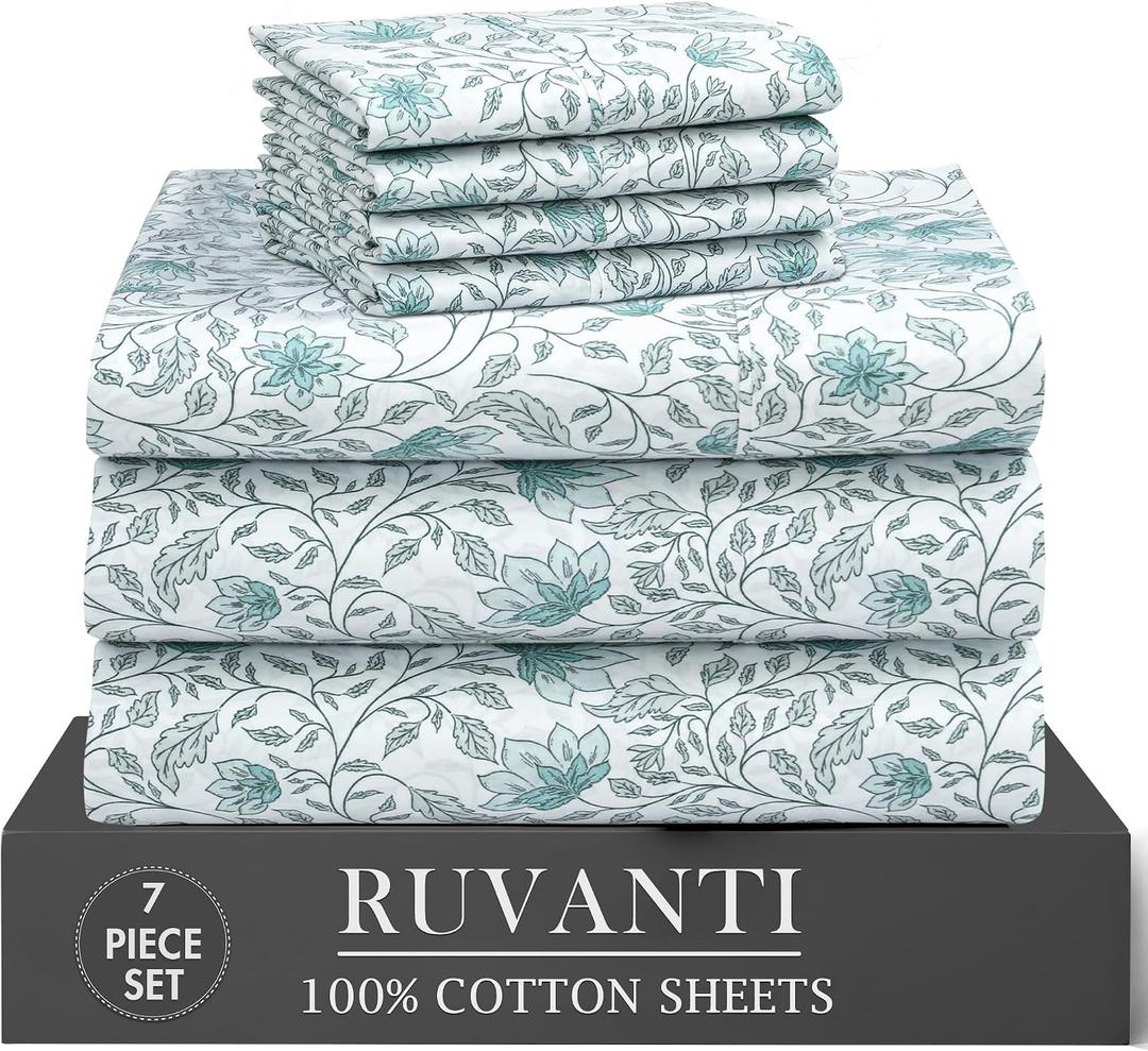 RUVANTI 100% Cotton Percale Sheets Split King Size 7 Piece Set, Cooling Bed Sheets for Hot Sleepers, Deep Pocket 16, Breathable Lightweight & Durable, Crisp Hotel Style Sheets, Wildflower Nest