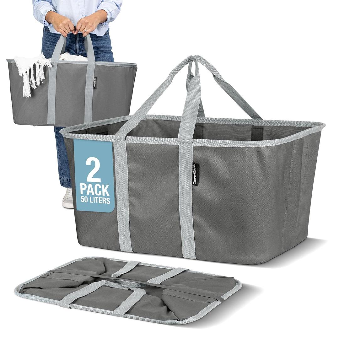 CleverMade Collapsible Laundry Tote 2-Pack (50L) Foldable Carry-All Storage Bin for Laundry, Car Trunk, RV, Dorm & Home Organization - Charcoal