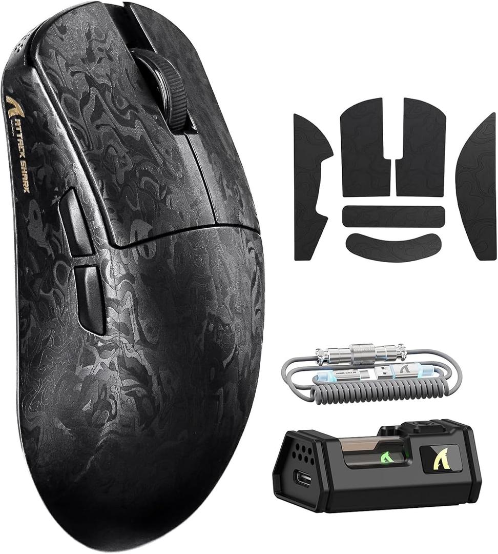 ATTACK SHARK R11 Ultra 8K Carbon Fiber Wireless Gaming Mouse with 42000DPI-PAW3950 MAX Sensor-49g Lightweight,Nordic 52840 MCU Chip,Wired/BT/2.4Ghz Programmable,RGB Coiled Cable for PC(Black Ink+Tape)