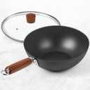 Carbon Steel Wok Pan, 9.5" Authentic Chinese Stir-Fry Pans Set with Glass Lid, 1.65lb Lightweight Flat Bottom Small Wok for 1-2 Servings