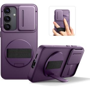 SURITCH for Samsung Galaxy S25 Case with 360 Rotatable Hand Strap Phone Grip & Invisible Kickstand & Slide Camera Cover, Rugged Shockproof Protective Cover for S25 -Dark Purple