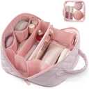 LOVEVOOK Travel Makeup Bag for Women, 2Pcs Set Puffer Waterproof Cosmetic Organizer, Large Capacity Pouch Open Flat Toiletry Bag with Divider & Handle, Portable Gift for Her, Pink