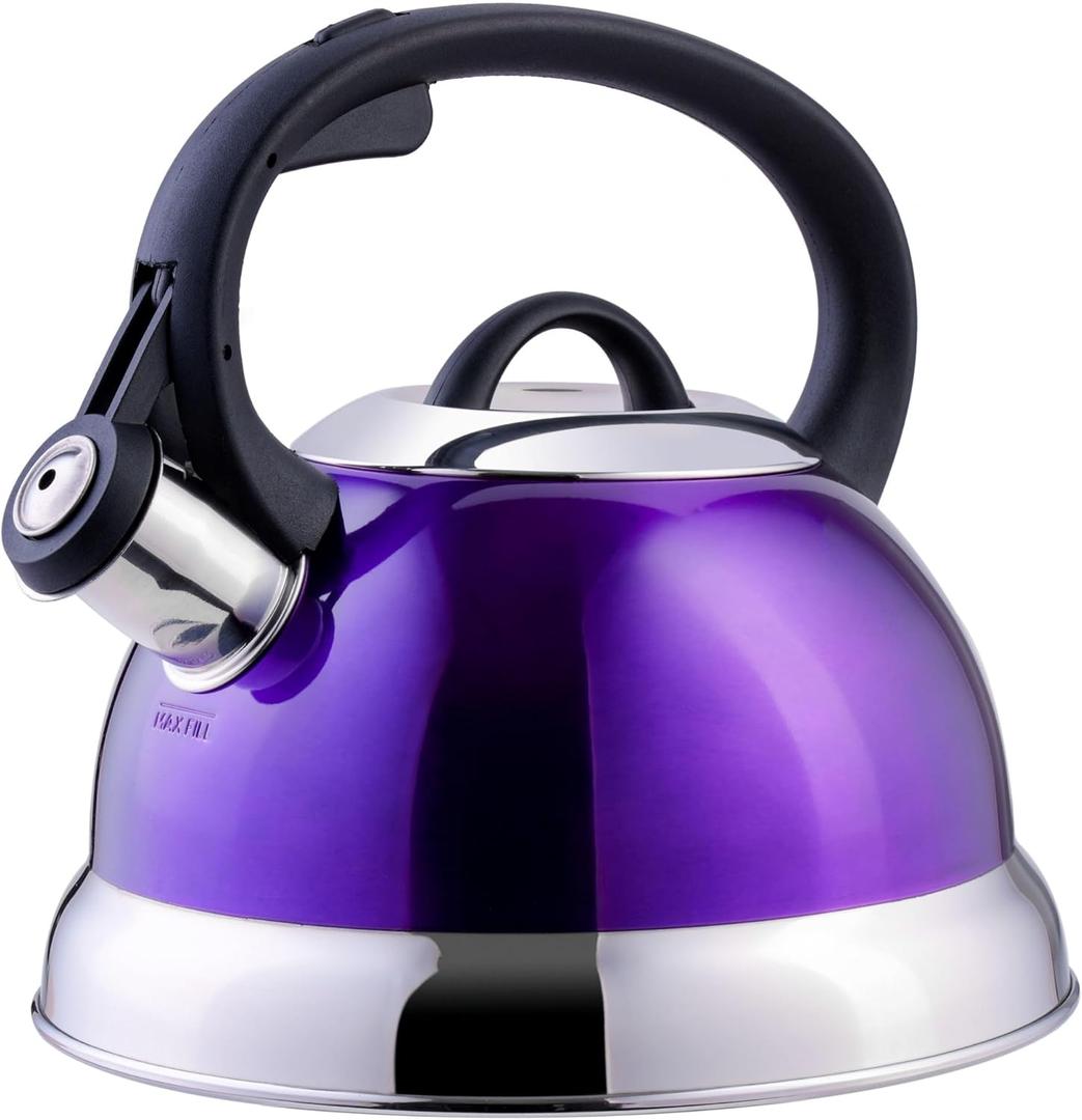 Mr. Coffee Flintshire Stainless Steel Whistling Tea Kettle W/Nylon Handle, 1.75-Quart, Metallic Purple