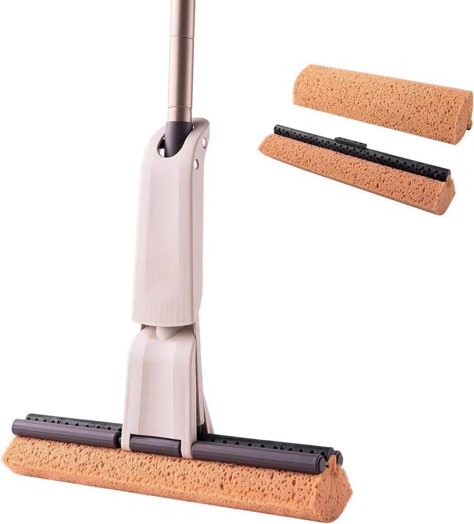 Eyliden Sponge Mop with 2 Reusable Heads | Self-Wringing Floor Mop with Absorbent Honeycomb Sponge | Kitchen Bathroom Hardwood Laminate Tile Marble Floors Cleaning for Home and Commercial Use