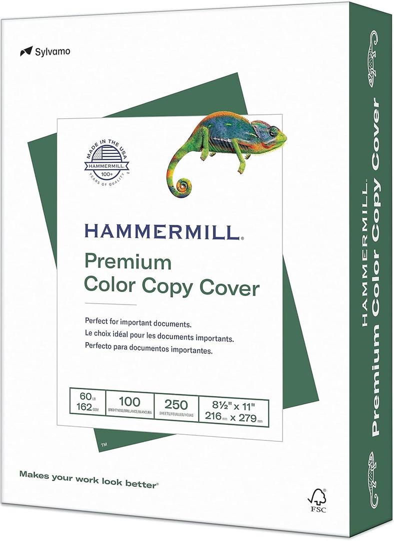 Hammermill Cardstock, Premium Color Copy, 60 lb, 8.5 x 11-100 Bright, Made in the USA Card Stock, 122549R, White - 1 Pack (250 Sheets)