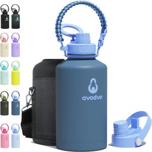 64 oz Water Bottle with 2 Lids (2-in-1 Straw & Spout Lid, Magnetic Lid), Insulated Water Bottle with Strap, Stainless Steel Water Bottle for Hiking, Gym, Travel, BPA-Free, Dark Blue