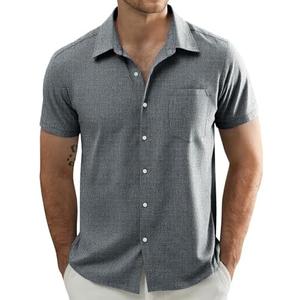 JOGAL Mens Short Sleeve Button Down Shirts Regular Fit Casual Summer Beach Shirt with Pocket, M