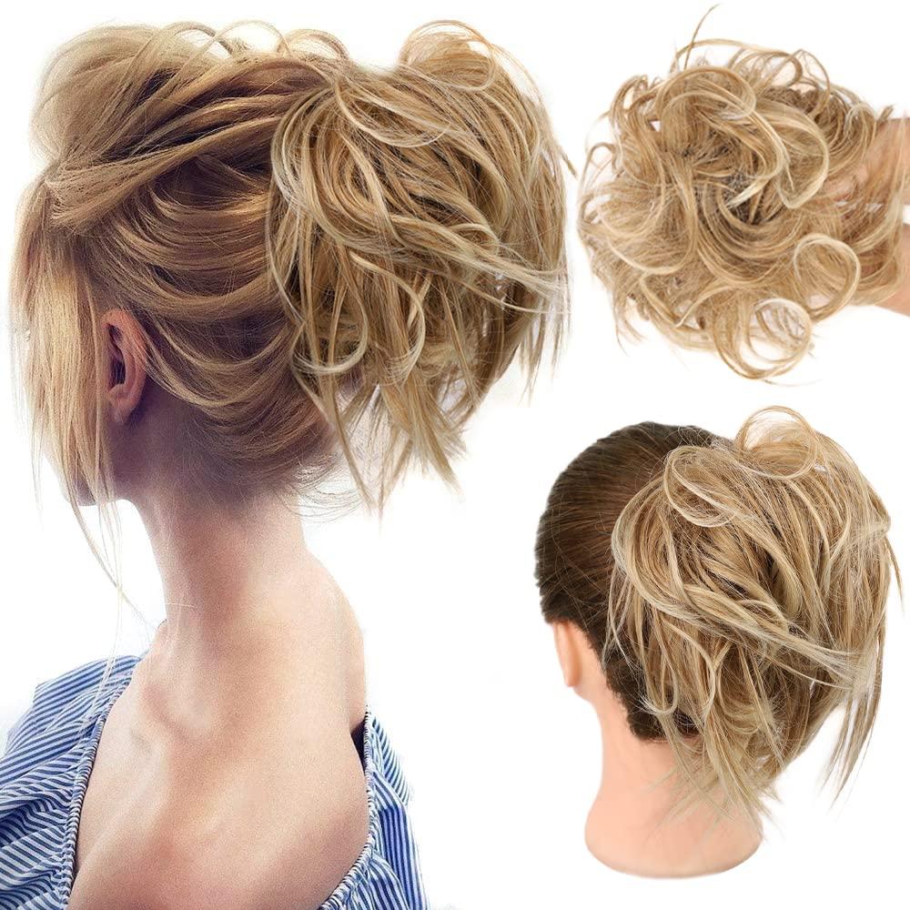 HMD Tousled Updo Messy Bun Hair Piece Hair Extension Ponytail With Elastic Rubber Band Updo Extensions Hairpiece Synthetic Hair Extensions Scrunchies Ponytail Hairpieces for Women (27T613(Honey Blonde Mix Bleach Blonde))