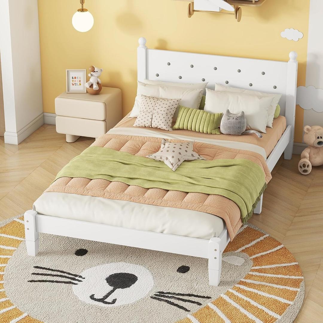 Bellemave Kids Twin Bed, Wooden Twin Platform Bed for Boys, Girls, Teens, White 