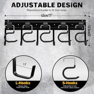 ELEAD 17'' All Metal Adjustable Garden Tool Organizer: Garage Tool Organizer Wall Mount with Black Hooks, Garage Organizers and Storage, Tool Hangers for Shed