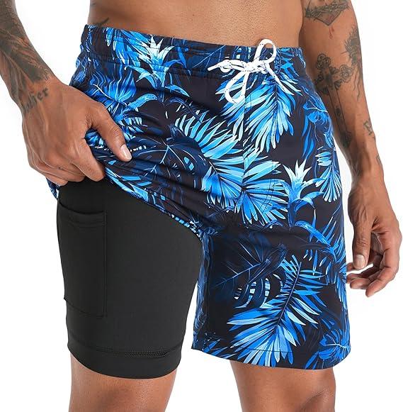 zeetoo Mens Swim Trunks with Compression Liner 5.5" Inseam Shorts Bathing Suit Quick Dry Swimsuit L, Leaf-darkblue