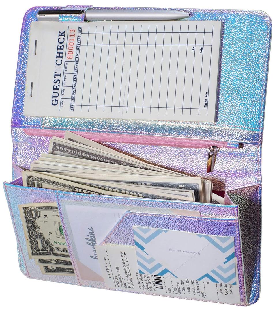 Zreal Server Book for Waitress with Zipper Pocket, 5 X 9 Serving Book, Magnetic Closure Pocket with Big Volume, Pen Holder for Waiter Server Wallet Fit Waitress Apron (Iridescent B)