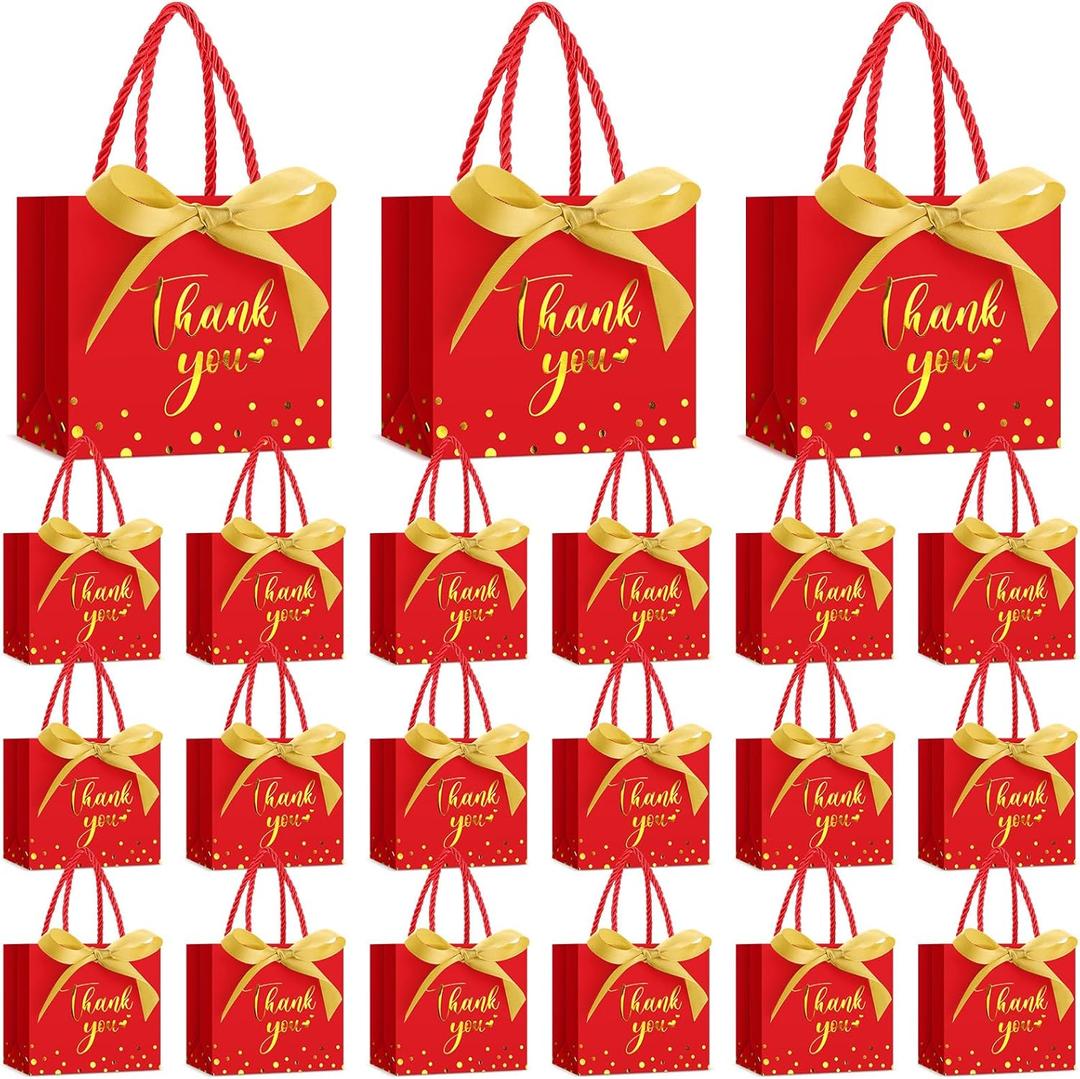 Jetec 45 Pcs Mini Paper Gift Bag Bulk 5.5 x 4.7 x 2.5'' Small Thank You Favor Bag with Handle Bow Ribbon for Valentine Wedding Baby Bridal Shower Birthday Anniversary Party(Red/gold)
