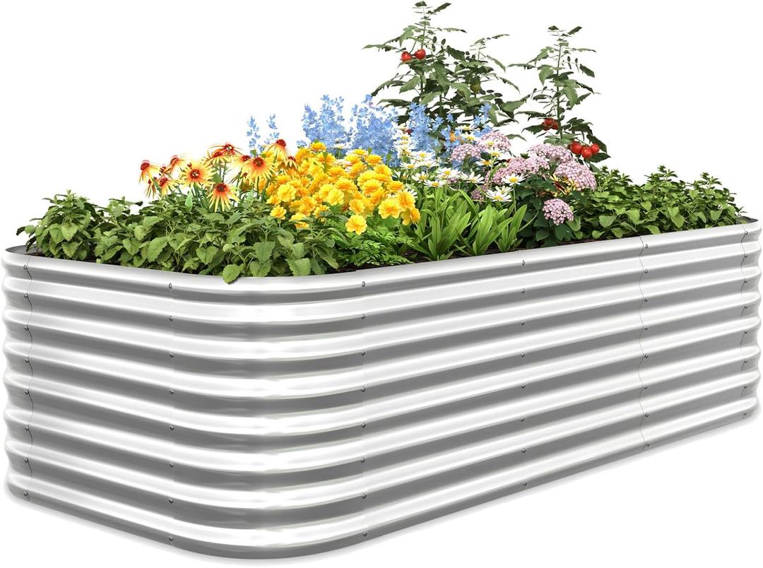 Quictent Galvanized Tall Raised Garden Bed Kit, 8x4x2 ft Oval Large Planting Box, for Vegetables Outdoor Strengthened by Crossbar (Silver)