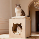 Wooden Cat beds for Indoor Cats,Large Double Cat House Cave with 2 Soft Cushion,Warm Cozy Pet Hideaway for Kittens & Big Cats,17.7"x16.9"x19.68" Natural