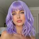 Lavender Purple Wig with Bangs Short Light Purple Wigs for Women Colorful Wavy Bob Wig Shoulder Length Women's Wigs Synthetic Heat Resistant Fiber Wigs for Cosplay Costume Party(14 Inches)