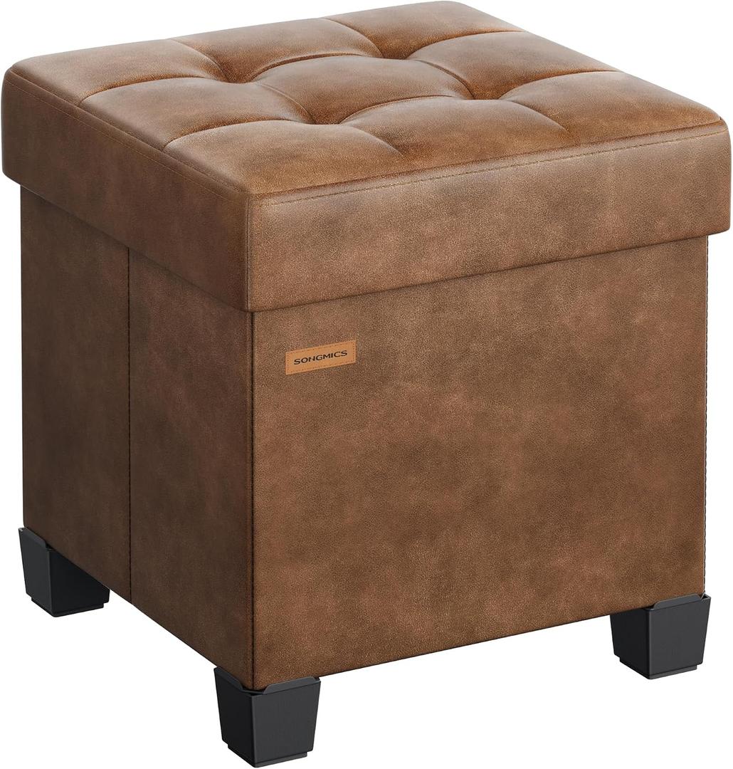 SONGMICS Storage Ottoman, Cube Ottoman with Legs, 15 x 15 x 15.7 Inches, Footstool, Footrest, 10 Gal. (37 L), Synthetic Leather, for Bedroom, Living Room, Dorm, Coffee Brown ULSF0512K03