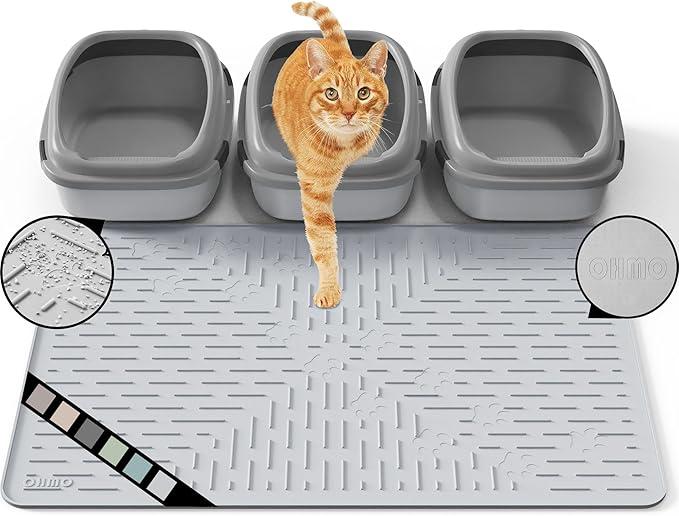 OHMO Cat Litter Mat Extra Large 95 x 64 cm Ash Grey Premium Silicone, Easy to Clean Waterproof Kitty Under Box Trapping Mat, Keep The Floor Tidy