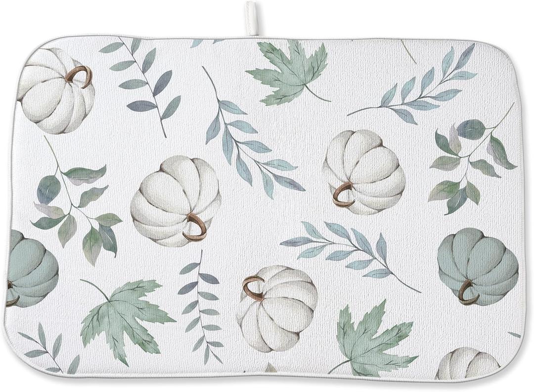 Fall Decor Dish Drying Mat for Kitchen Counter 18"x24", White Green Pumpkin Leaf Decorative Coffee Mat Dishes Drying Pad Absorbent Drainer Mat Kitchen Countertop Protector Easy Clean Fall Decor Dish Drying Mat for Kitchen Counter 18"x24", White Green Pumpkin Leaf Decorative Coffee Mat Dishes Drying Pad Absorbent Drainer Mat Kitchen Countertop Protector Easy Clean