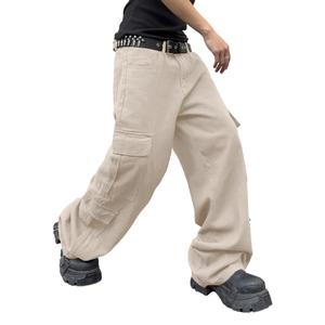 DFGIGT Mens Denim Baggy Pants with Cargo Pockets Mid Weight Casual Streetwear Wide Leg Jeans Hip Hop Skater Trousers Street Wear Jinco Y2k 2000s Straight Relaxed Loose, Beige,Small 