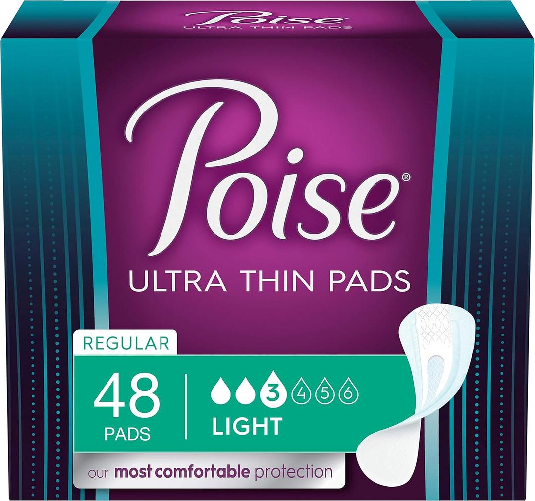 Poise Ultra Thin Incontinence Pads for Women, Light Absorbency, Regular Length, 48 Count 