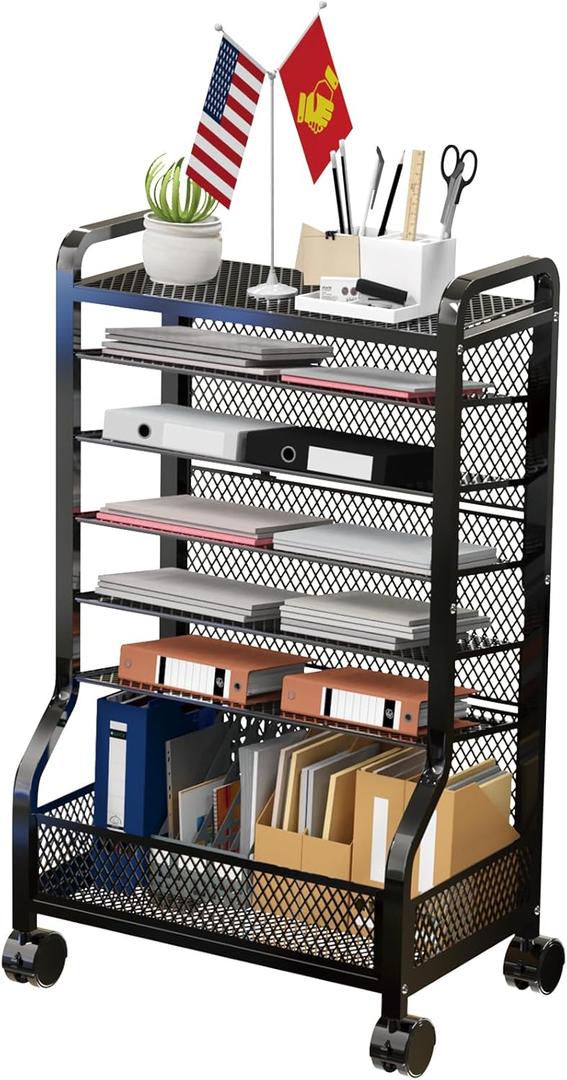 7 Tier File Organizer Beside Desk, Rolling File Cart with Sliding Trays Ideal for Office Organization in Offices, Schools, and Studios