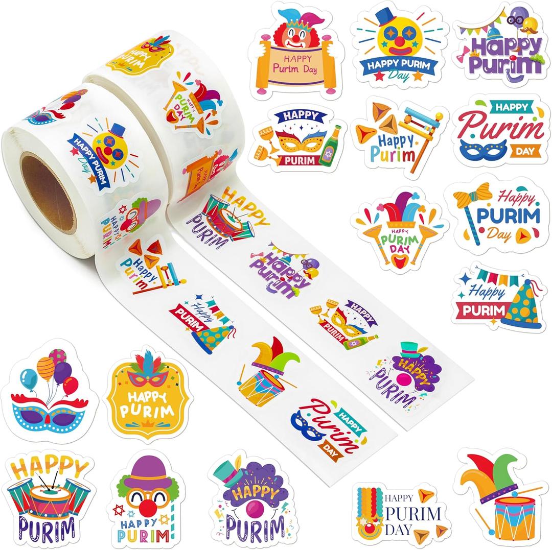 1000Pcs Happy Purim Sticker Rolls 16 Styles Joyful Festive Label Decals, Purim Celebrations DIY Crafts Gifts Home Decor Cute Party Favors Classroom Prizes Activities Incentive