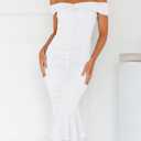 GOBLES Women's Sexy Off The Shoulder Slim Fitting Ruffle Buttom Ruched Bodycon Midi Party Dress (White, M)