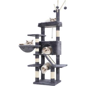 Cat Tree, 63 inch Multi-Level Cat Tower for Indoor Cats, Cat Condo with Cat Scratching Post and Board, Cat Hammock, Smoky Gray GCT011G