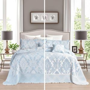 chiinvent Oversized King Bedspreads 120x120 Extra Wide Coverlet Sets, 5 Piece Double-Sided Damask Jacquard Large Quilts, Lightweight and Reversible, King/Cal King, Light Blue (King/Cal King(120"x120"), Light Blue)